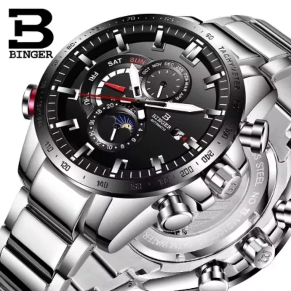 

Genuine Brand BINGER Mens Watches Automatic Mechanical Luminous Full Steel Waterproof Sapphire Running Calendar Male Moon Phase