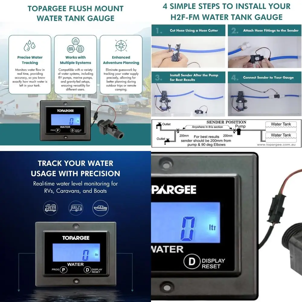 フラッシュマウント水タンクゲージ - リアルタイムRV、キャラバン、ボート用アクセサリー水位モニター - 正確な流量計（リットル/ガロン）