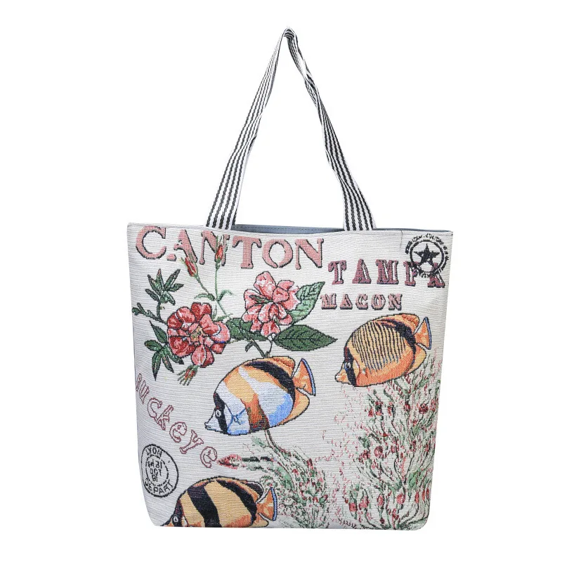 Borsa a tracolla con cerniera retrò di grande capacità in tela Vintage stile etnico ricamo animali domestici stampe Designer Casual Eco Shopping Tote