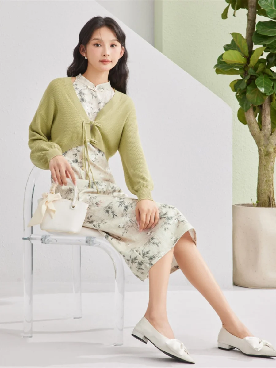 

New Chinese Zen Style Green Kimono Dress Women's Fashion Set Long Sleeve round Neck Commute Style Autumn Collection