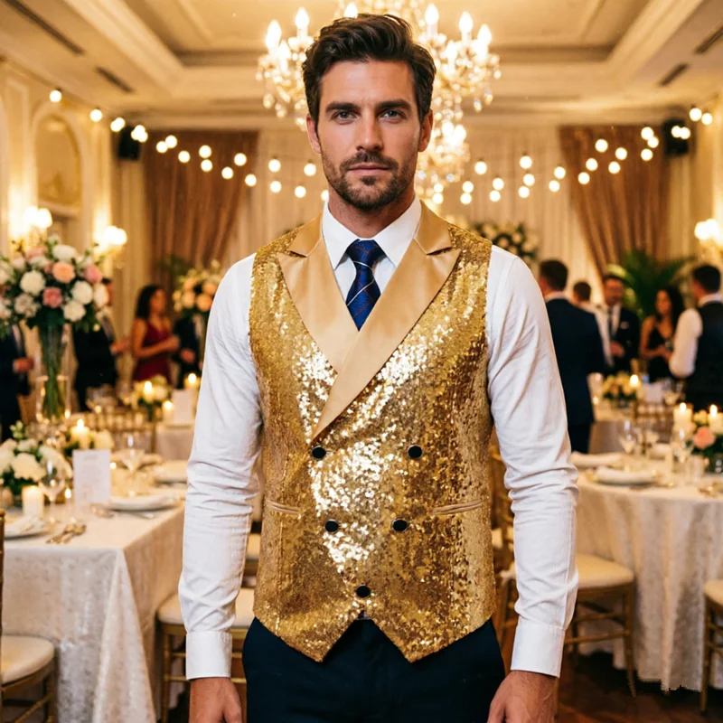 

Новый мужской золотой жилет с пайетками, двубортный, с шалевым воротником, блестящий, для мужчин, для свадьбы, вечеринки, сценических выступлений, выпускного бала, костюмный жилет