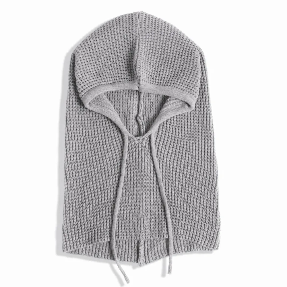 One-Piece Design Knitted Balaclava Hat Thick Knit Drawstring Closure Neck Warmer Hat Dual-Purpose Fashion Collar Ski Snow Hat
