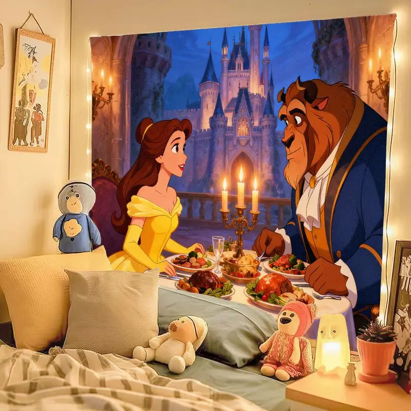 1PC Disney Beauty & The Beast Tapestry, Princess Belle Beast Dinner Wall Art, Fairytale Castle Decor, Aesthetic Bedroom Living R - Image 3