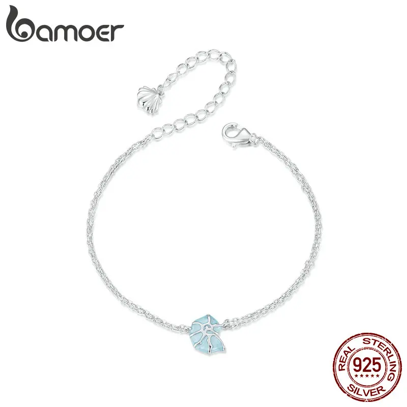 

BAMOER 925 Sterling Silver Blue Seashell Link Chain Bracelets for Women Ocean Series Jewelry Gift BSB176