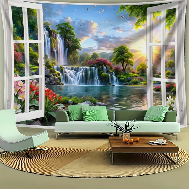1PC Digital Print Tapestry Wall Hanging, Fake Window Forest Path Sunlight Trees Art, Nature Scenery 3D Window Wall Art Decor - view 3