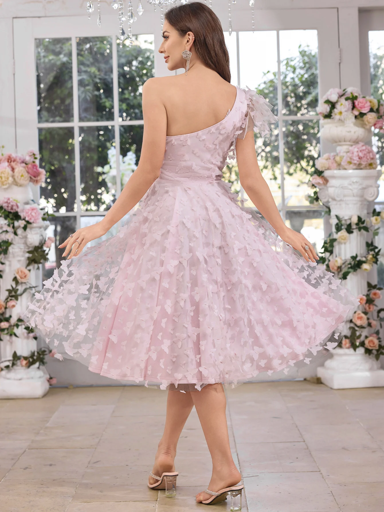 Sukienka druhna dla dziewczynek UNITHORSE z nieregularnymi rękawami, podkreślona w talii, z ozdobnym motylem, siateczkowa suknia wieczorowa na przyjęcie.