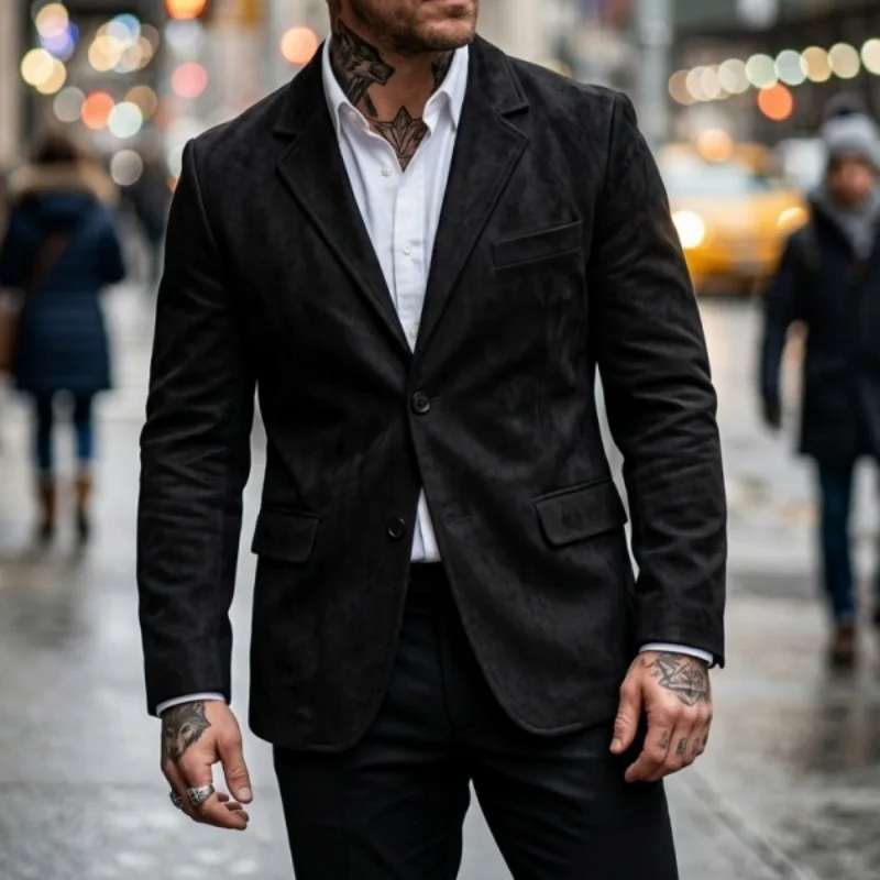 Vintage Turn-down Collar Casual Blazer Jacket Fashion Solid Color Single Button Outerwear Autumn Daily Casual Slim Jacket Men