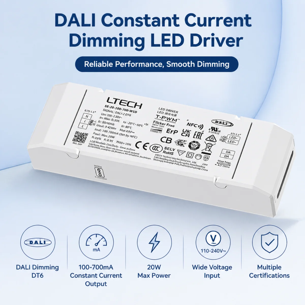 LTECH 20W 100-700mA NFC CC DALI DT6 LED Dimming Driver;AC 100-240V Dali-2 Constant Current Power Supply Work with Dali Dimmer