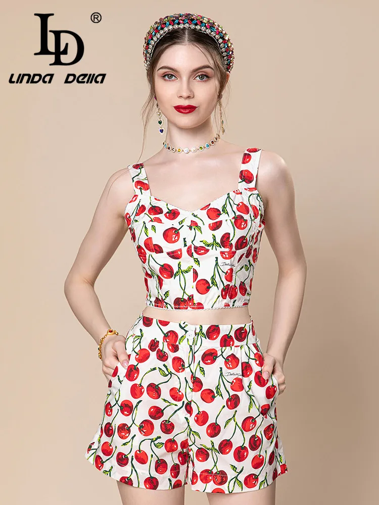 LD LINDA DELLA Summer Fashion Designer Sexy Set Women's Suspender Cherry Print Pure Cotton Top+Button Beach Shorts Sets