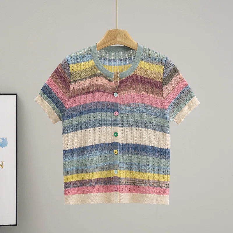 Greenora Women Summer Rainbow Stripe Round Neck Button Short Sleeve Knit Cardigan Slimming Short Top Minimalist Sweater Clean Gi