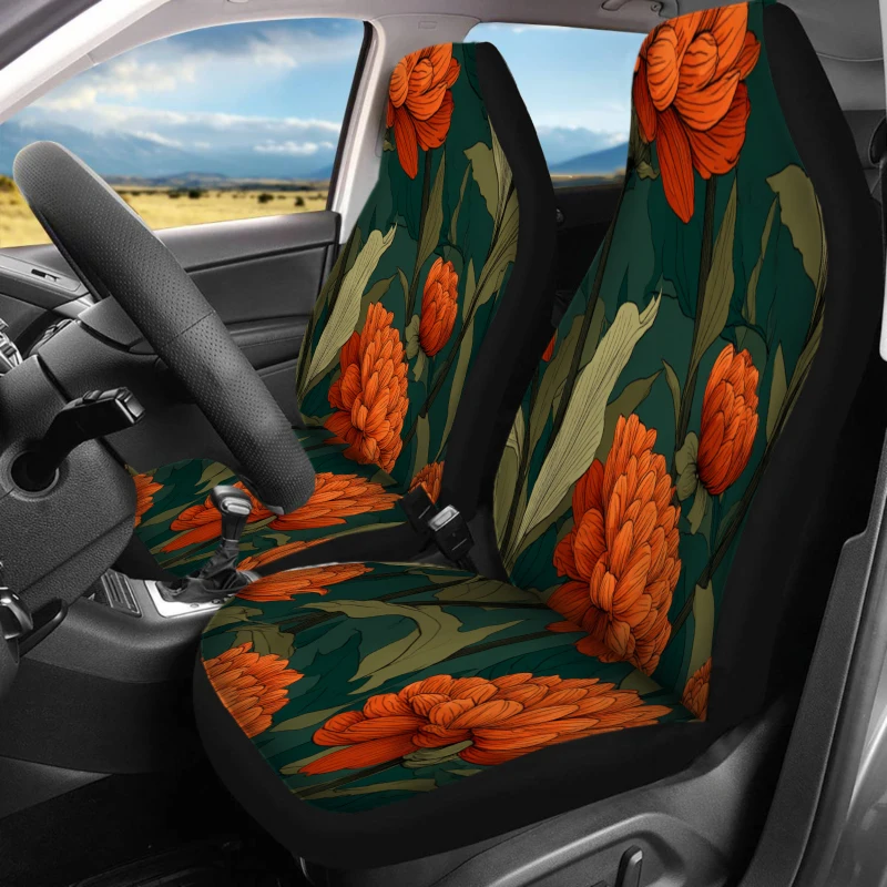 Set Of 2 Front Seat Covers For Cars, Featuring An Orange Floral Design. These Breathable Vehicle Cushions Do Not Have Back Pocke