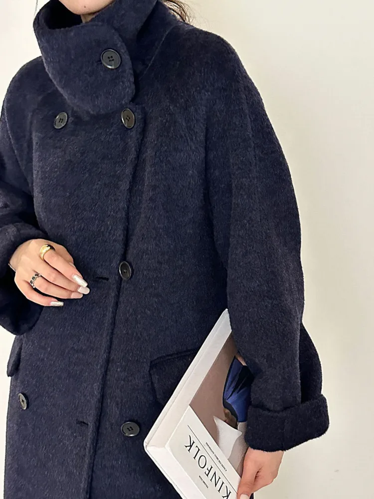 ZMEENNA Zweireihiger Damenmantel aus Wollmischung mit Stehkragen, übergroße lange Winterjacke, elegante Oberbekleidung ZM3820