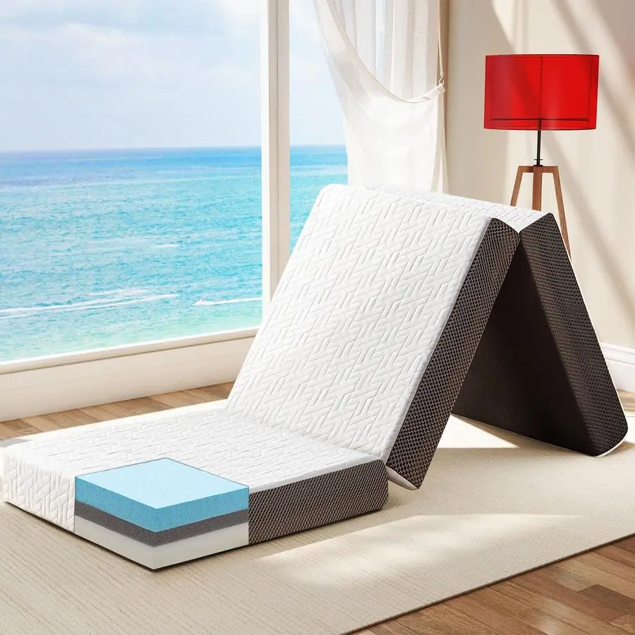 

4 Inch Foldable Mattress Single Size, TriFolding Portable Memory Foam Topper Floor Bed with Storage Bag, Washable Cover for Trav