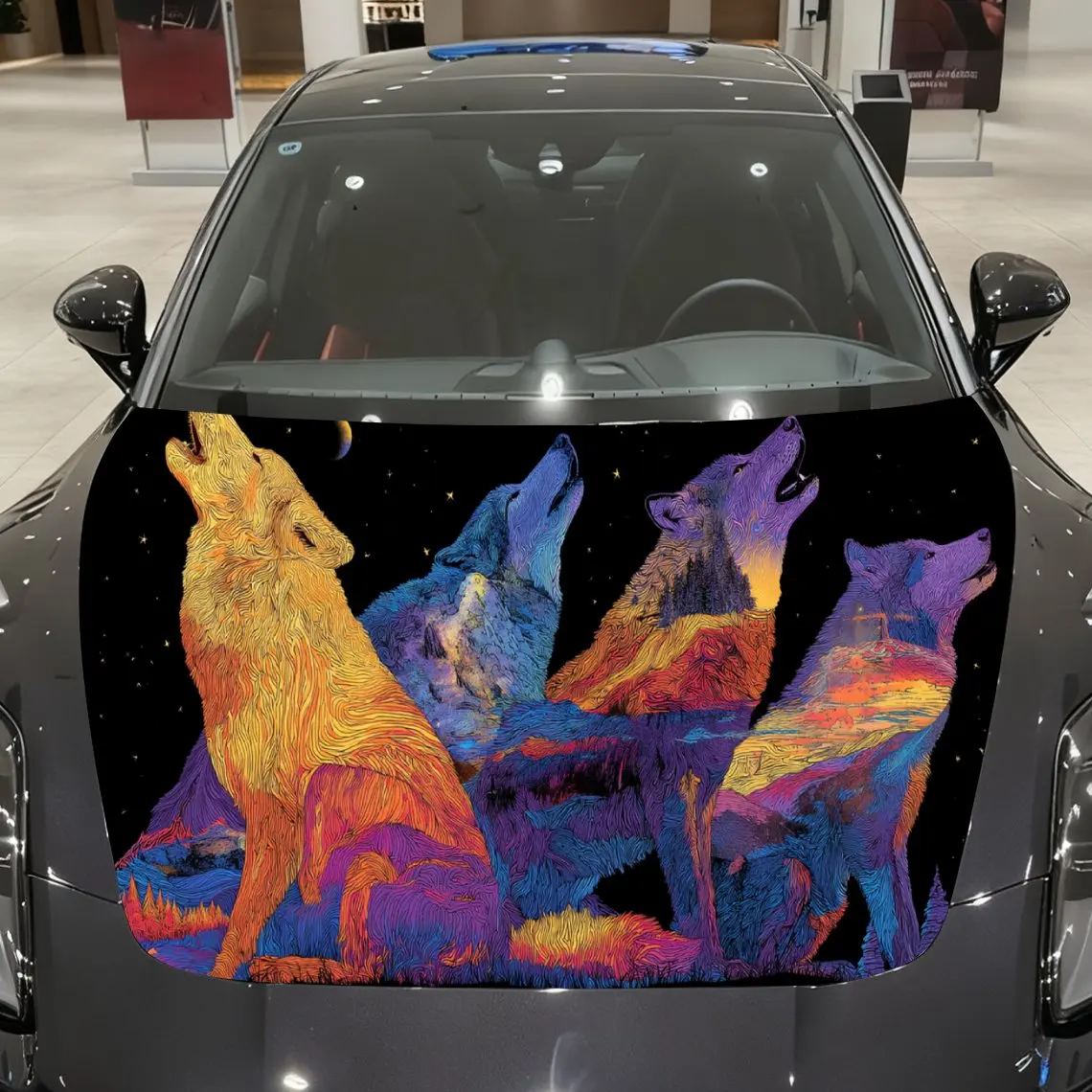 Eye-catching Colorful Wolf Pack and Landscape Car Cover Sticker, Auto Hood Decal, Car Exterior Scratch Resistant Decal, Trendy G