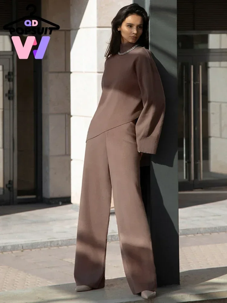 New In Women Autumn Winter Semi High Collar Irregular Knitted two piece Sweater Set Elegant Diagonal Sweater Wide Leg Pants Suit