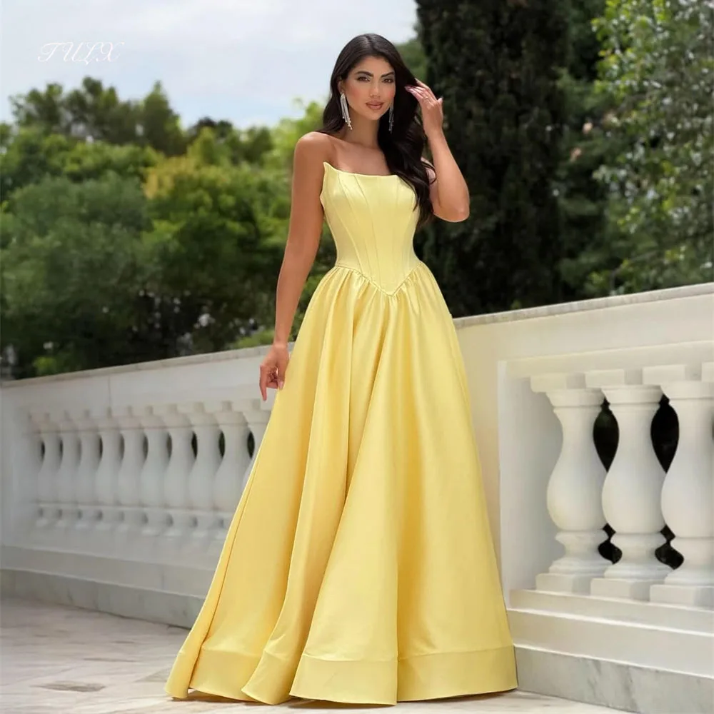 TULX élégant jaune Satin arabie robes de soirée col rond sans manches robe de soirée une ligne longue robe d'occasion formelle personnalisée 2026