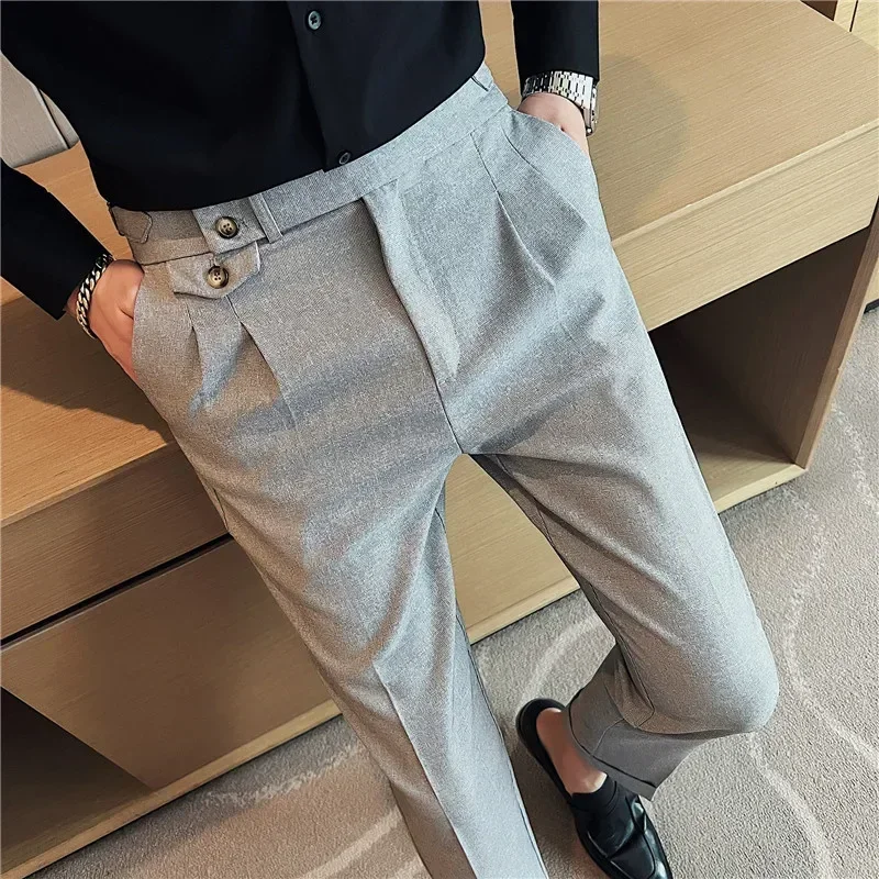 Pantalones de vestir de cintura alta de estilo británico para hombre, pantalón informal de Color sólido, traje Formal ajustado, ropa de moda, otoño,