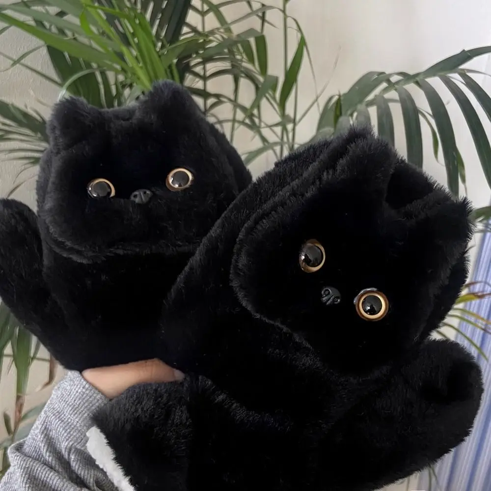 Soft Cute Black Cat Fur Gloves Cartoon Thicken Kitty Mitten Windproof Plush Cat Halter Gloves Winter