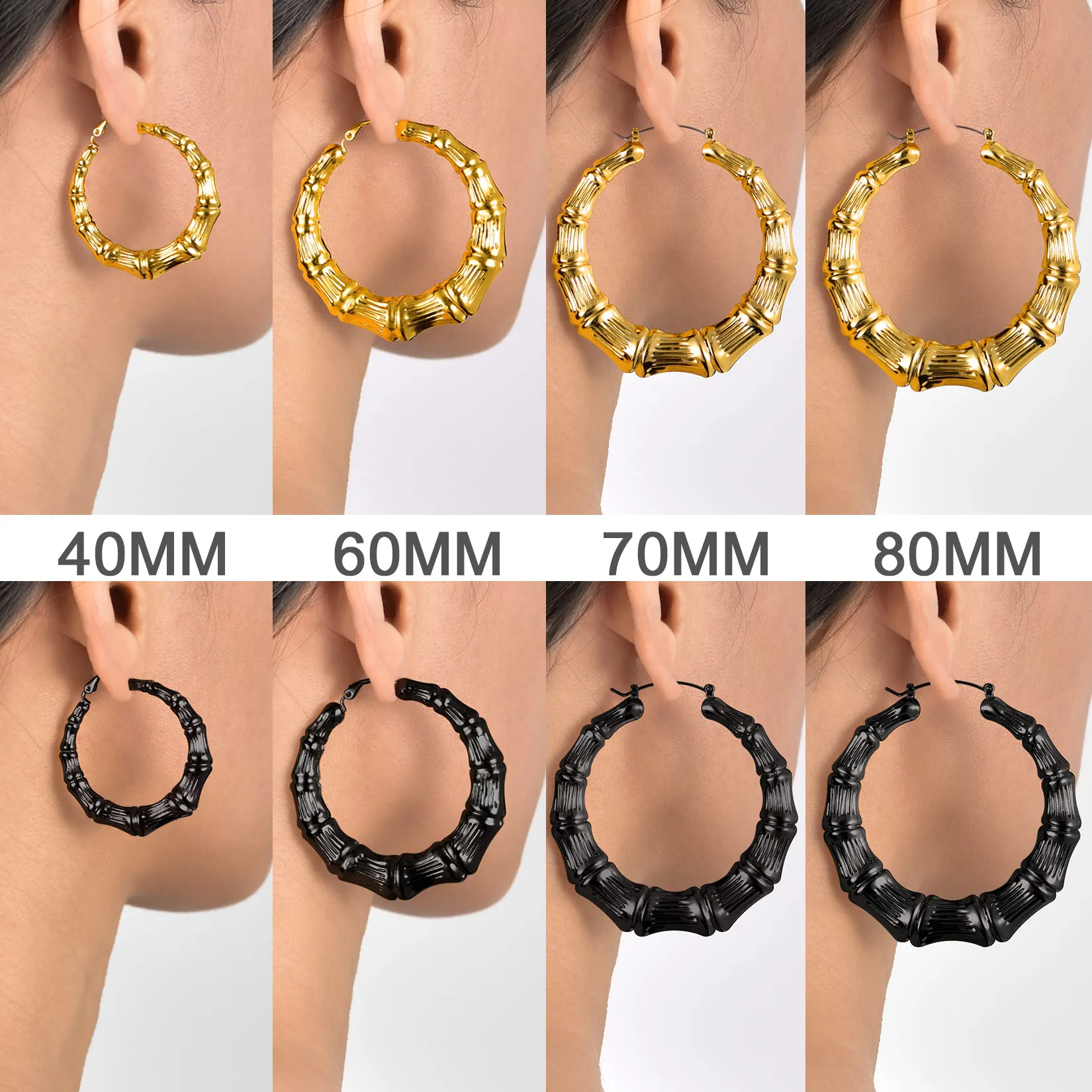 U7 Hyperbole Big 40/60/70/80mm Diameter Bamboo Hoop Earrings for Women 14K Gold Color Geometric Earring Statement Jewelry