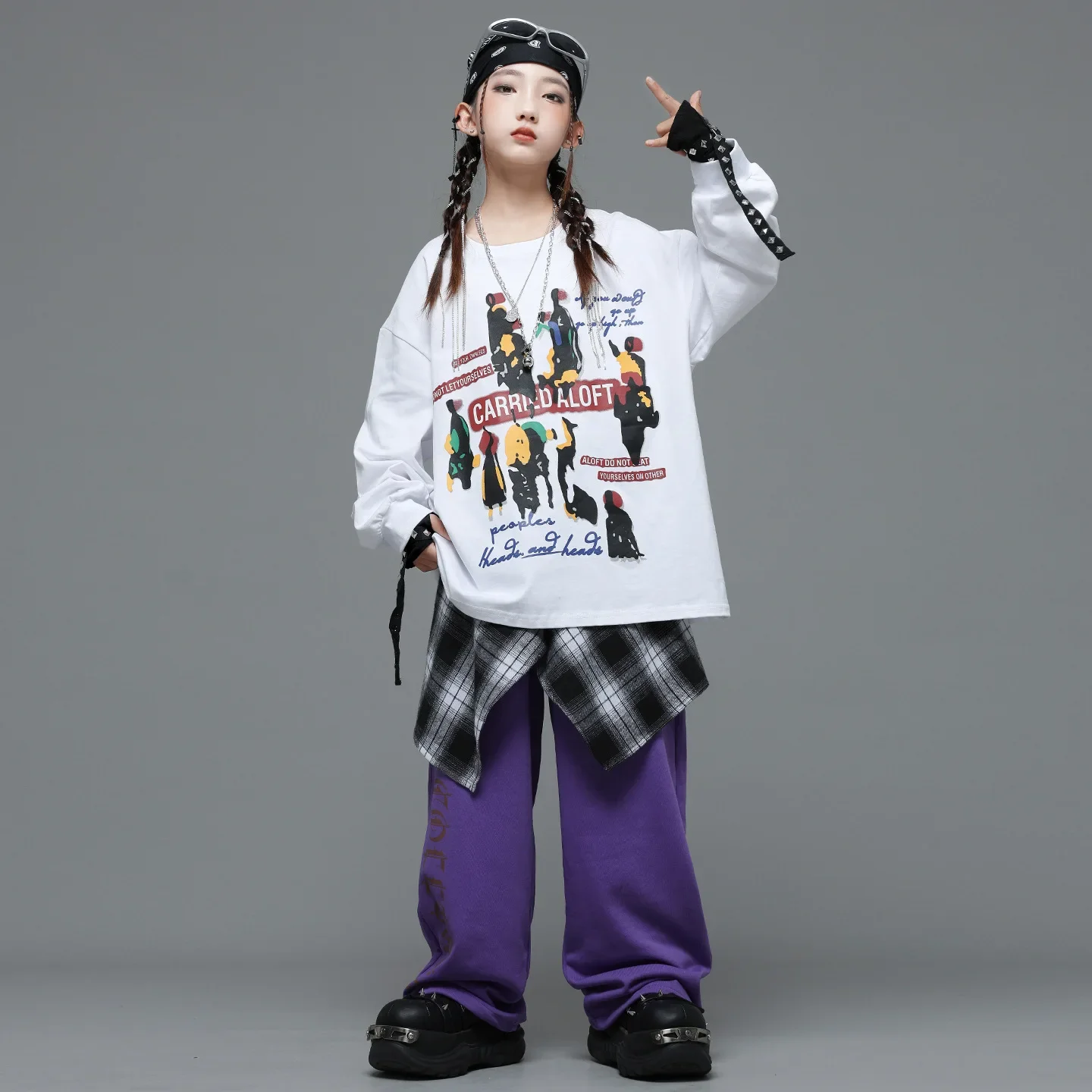 Kid Kpop Hip Hop Clothing White Print Sweatshirt Top Purple Casual Sweat Pants for Girl Boy Street Dance Wear Costumes Clothes