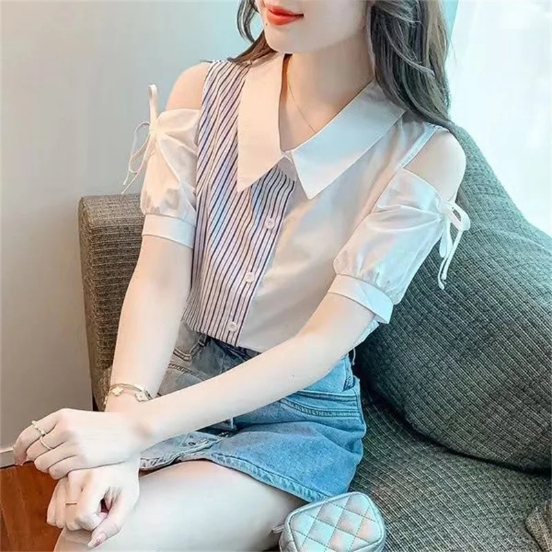 Spring Summer Spring Blouses Shirts Lady Fashion Casual Short Sleeve Turn-down Collar Contrasting Colors Blusas Tops G2455