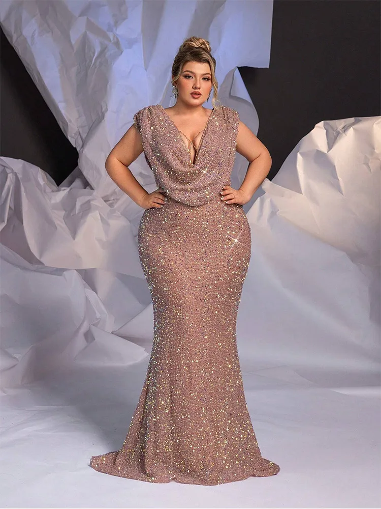 Plus size sleeveless sparkling luxury floor-length evening dress sequined multi-color colorful sparkling evening dress Prom