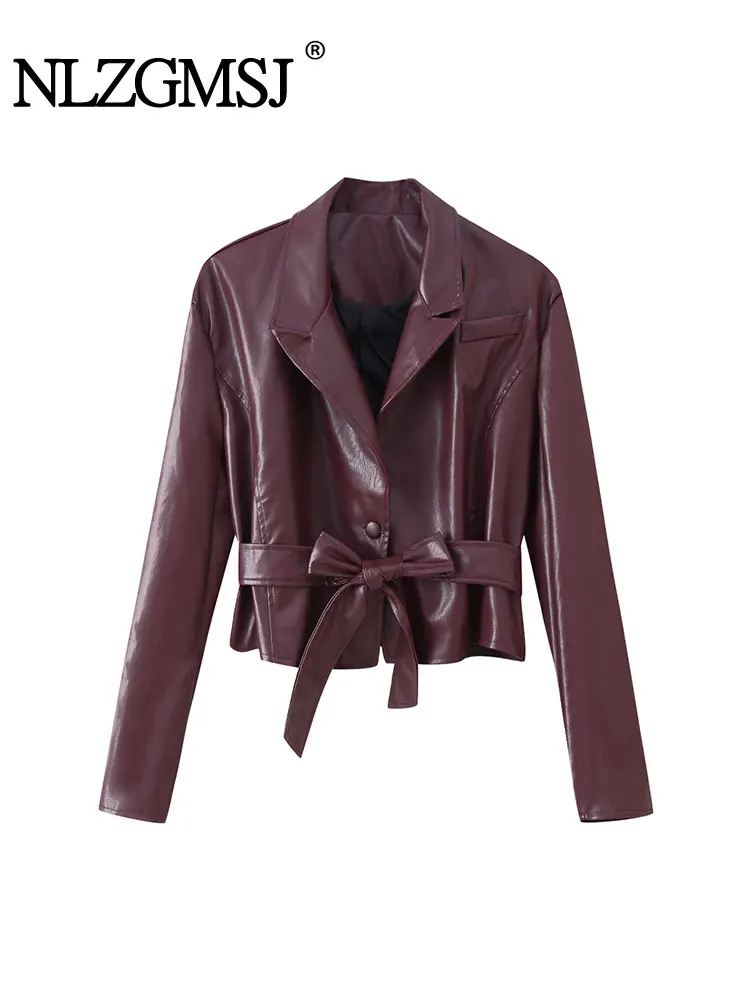 

NLZGMSJ винтажная женская куртка из искусственной кожи, осень 2022, тонкие мотоциклетные куртки на шнуровке, пальто Y2K с поясом