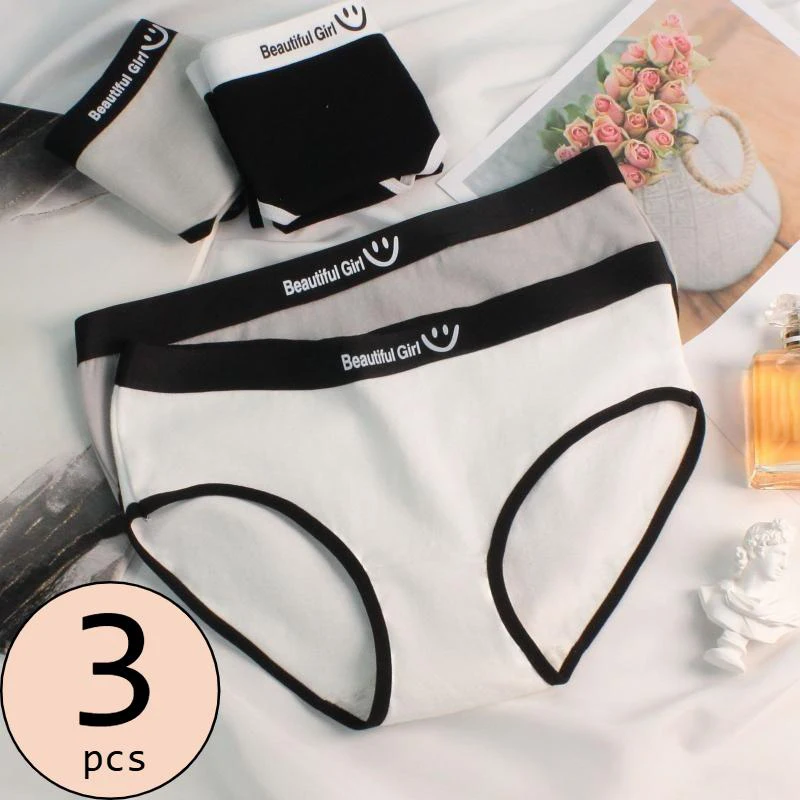 3PCS Women's Simple Contrast Color Briefs Mid-waist Cotton Blends Underwear Korean Style Comfort Sweet Girl Panties M-XL