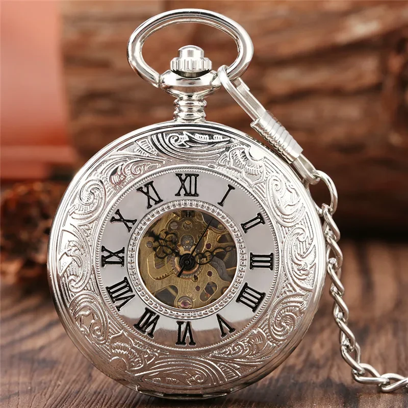 Reloj de bolsillo mecánico Steampunk de plata para hombres y mujeres, Reloj de cadena con colgante de esfera de Número romano de doble cazador