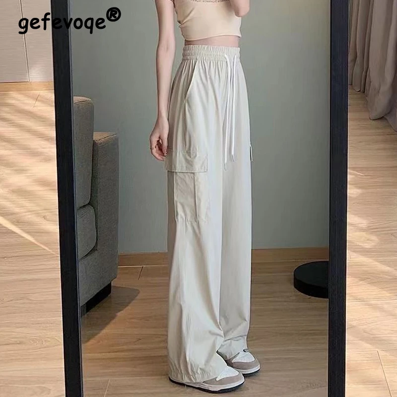 Women Casual Streetwear Wide Leg Straight Cargo Pants Summer Trendy Ice Silk Quick Drying Sports Trousers High Waist Pantalones