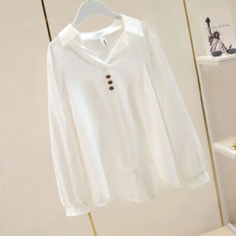 Women Fashion Solid Turn-down Collar Long Sleeve Blouses Summer Casual Loose All-match Cotton Linen Shirt Chic Button Tops