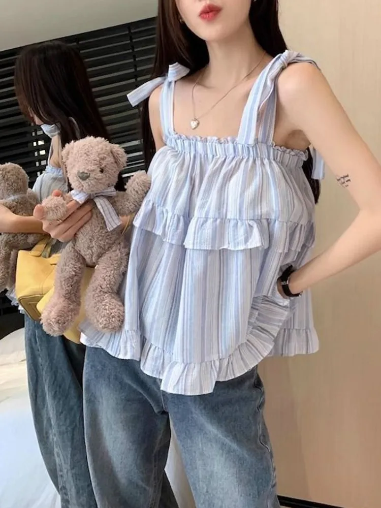 Sweet Spicy Striped  Tie Back Vest Women's Summer New Outerwear Sleeveless Top Doll Shirt Commute Style Loose Fit Short L...