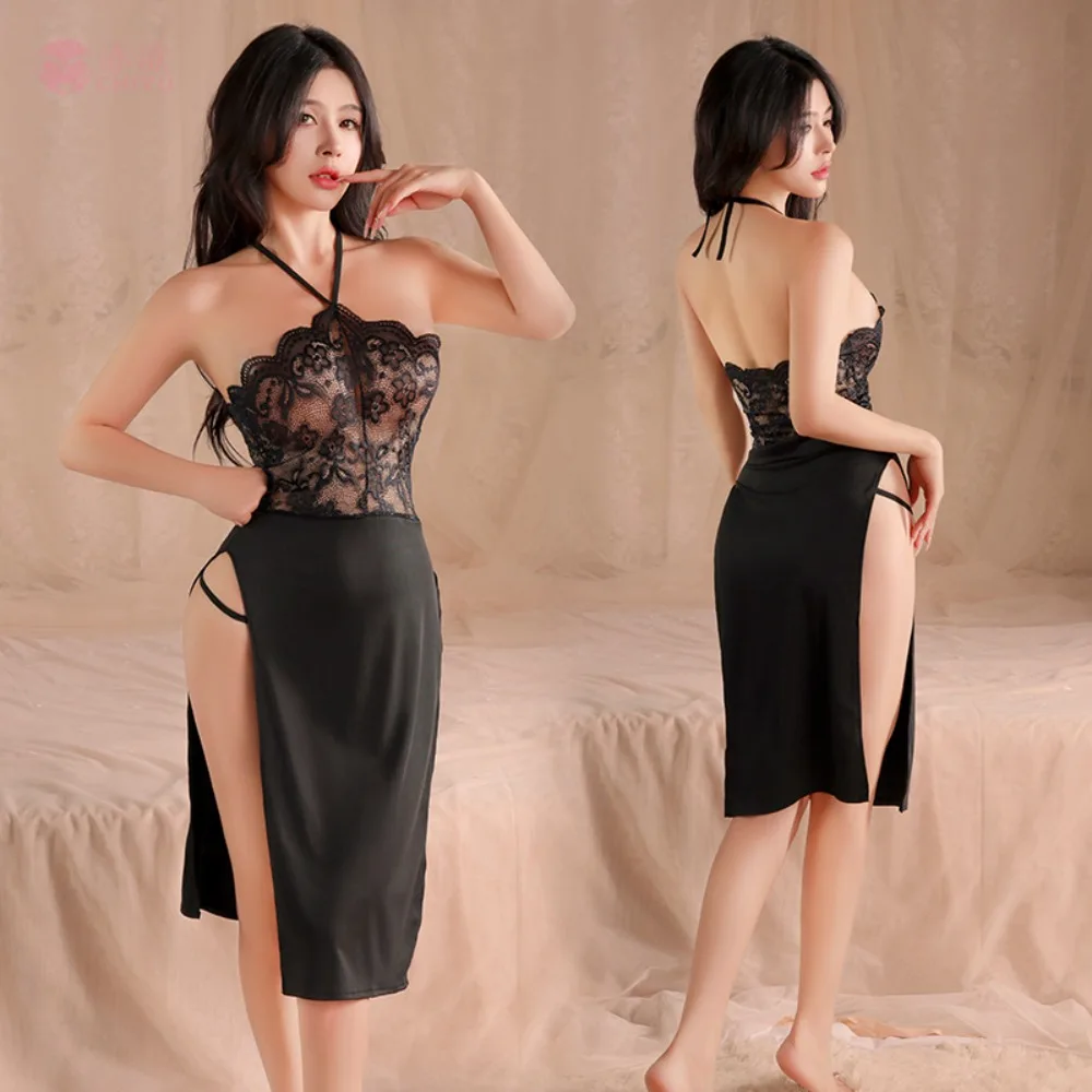 Женский экзотический комплект платьев, ночная рубашка Babydoll с открытой промежностью, горячая искушение, одежда для сна, сексуальное длинное платье, нижнее белье Cheongsam, порно одежда