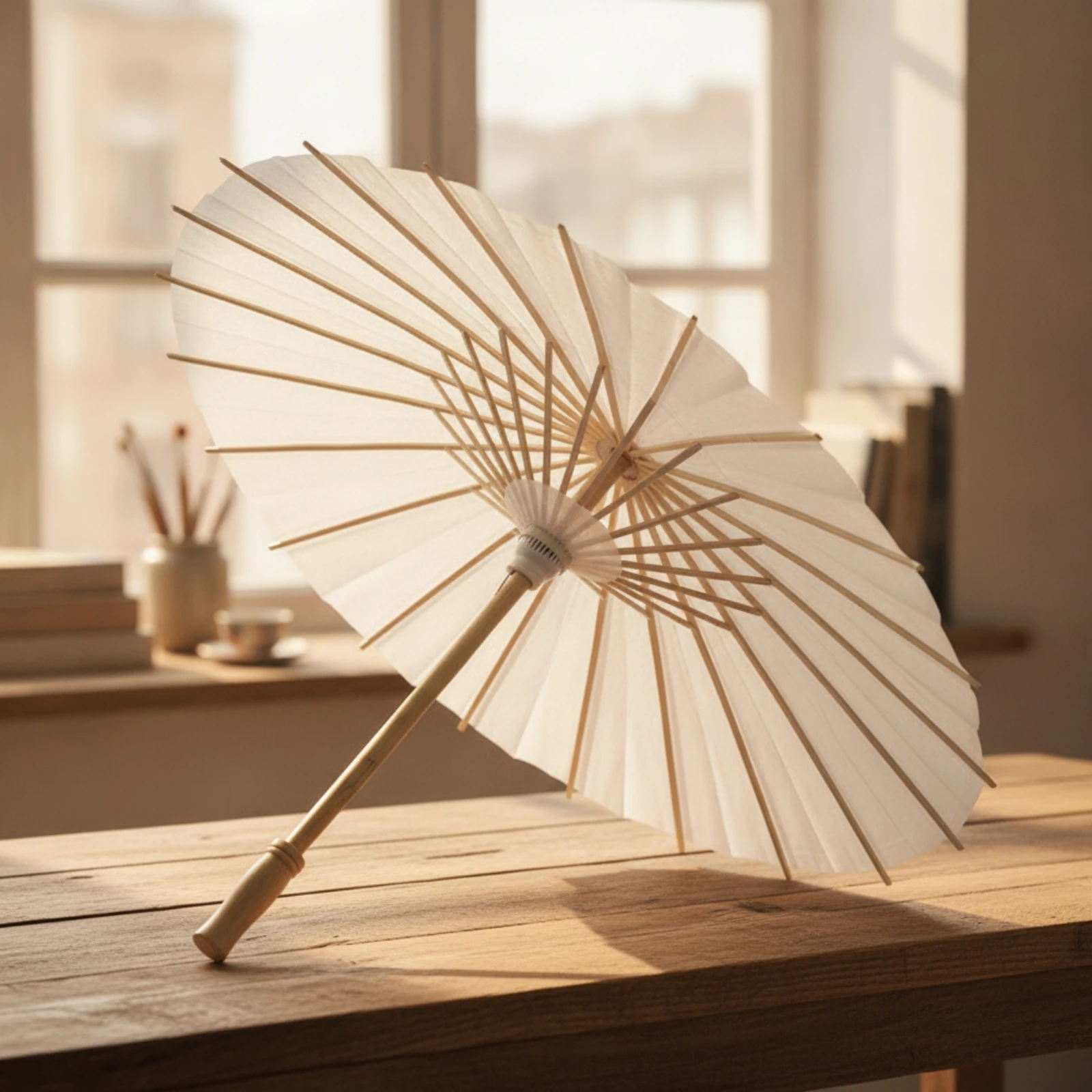 Paper Umbrella with Bamboo Frame Folding Blank Paper Umbrella Bamboo Sunshade Paintable Customizable for Artists