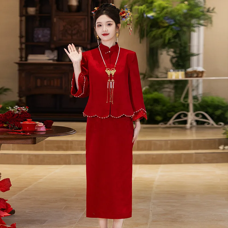 

2024 Red New Style Toast Dress Bride Engagement Petite Two-Piece Set Wedding Clothes Women's Evening