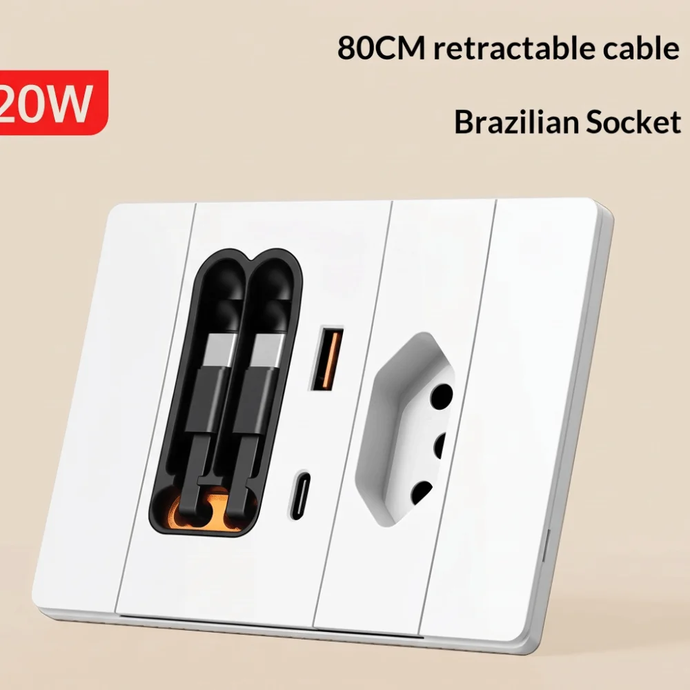 With Retractable Cable 118 Type Brazil Socket Panel Multi-hole Type-C USB Fast Charging Socket Brazil Type 20W USB Fast Charging