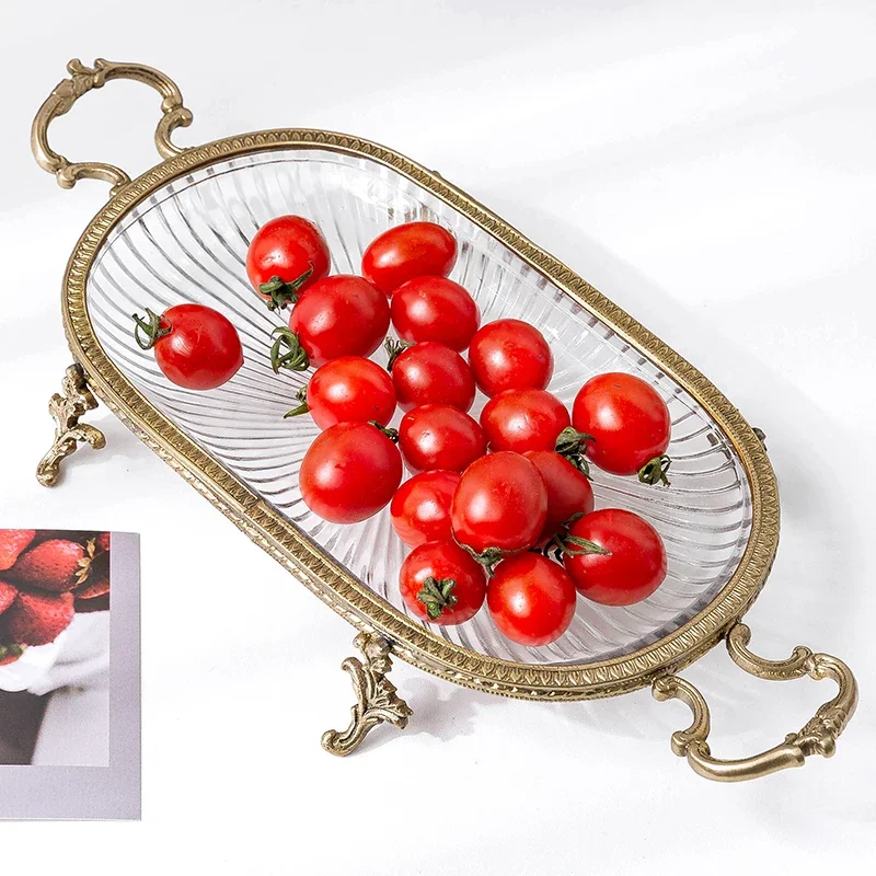 High-Quality Brass Glass Tray Dim Sum Dried Fruit Storage Jewelry Aromatherapy Display Bedroom or Tea Table Elegant Decor Tray