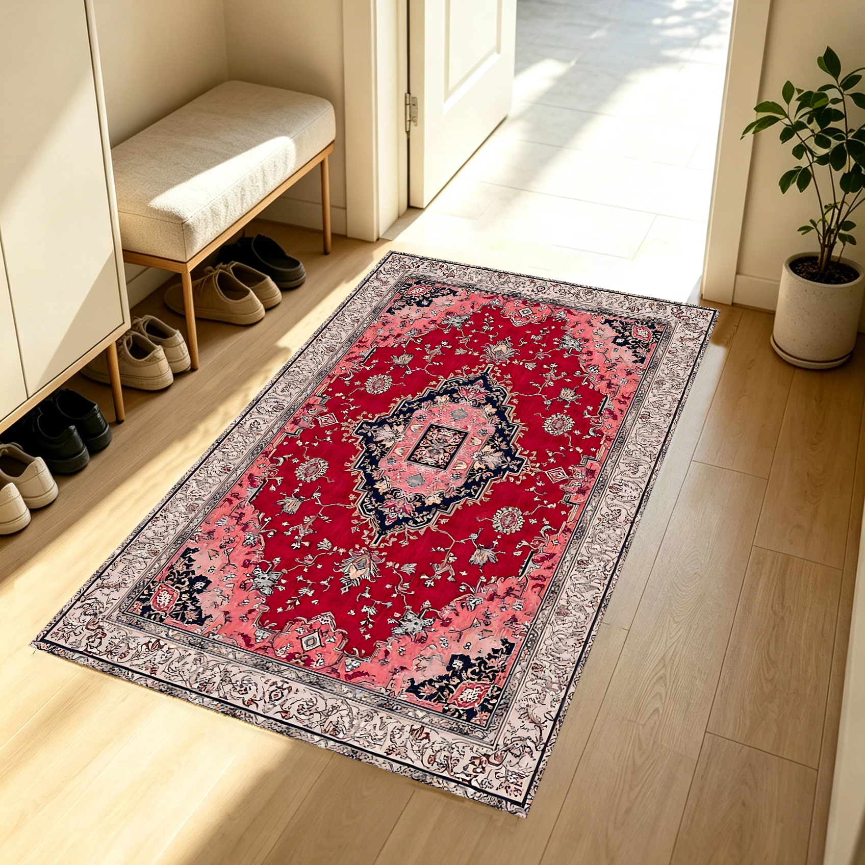 2D Large Carpet with Red Background and Persian Retro Pattern, Light Luxury Exotic Style, Suitable for Living Room and Bedroom, One-Click Renovation for Autumn and Winter Decoration