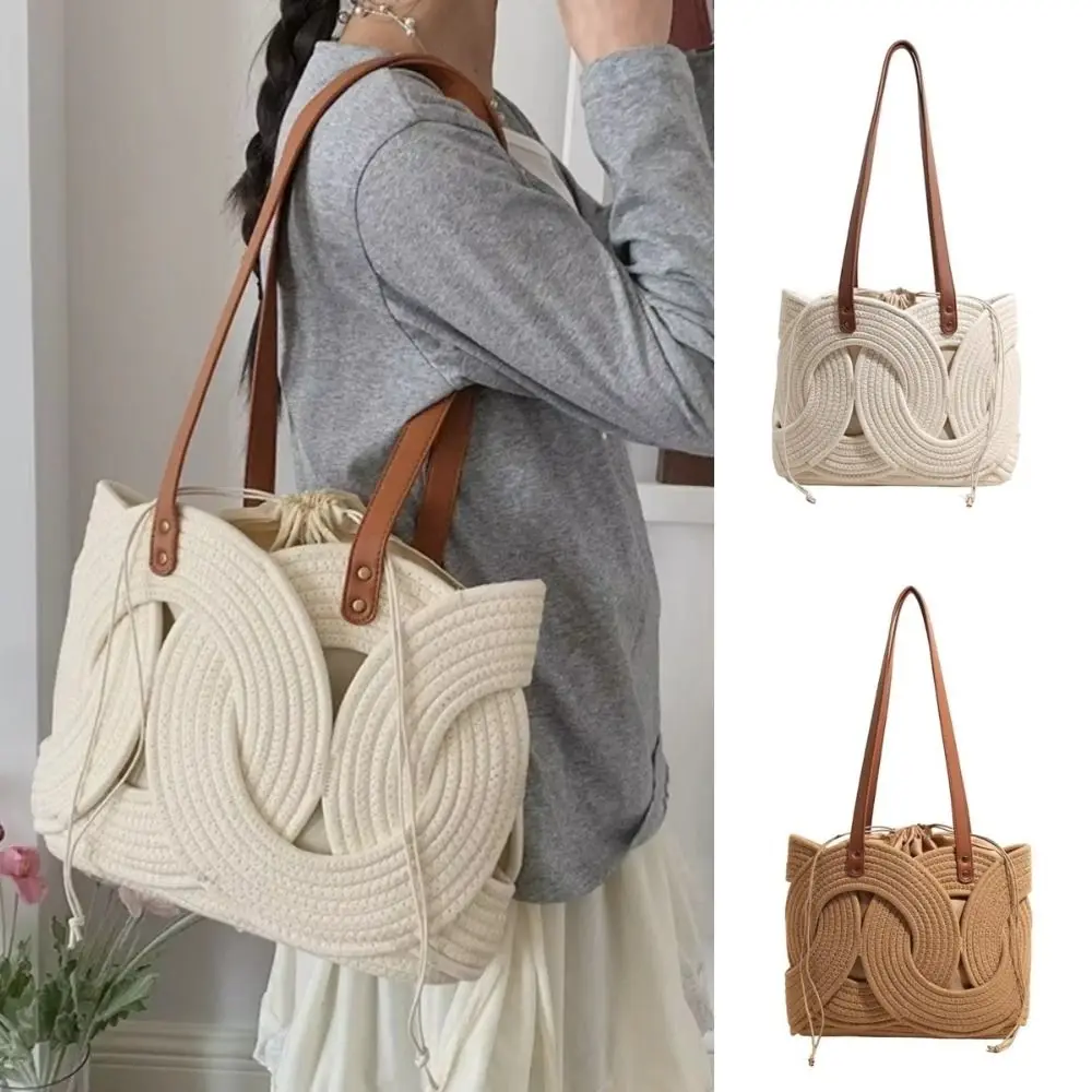 Drawstring Closure Straw Weaving Handbag Inner Pocket Large Capacity Woven Tote Bag Handmade Geometric Shoulder Bag