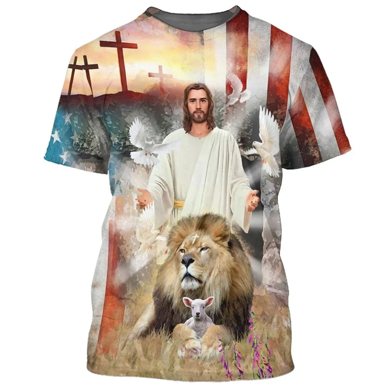 Nouveau 3D jésus imprimé t-shirt pour hommes christianisme graphique à la mode unisexe T-shirts USA drapeau modèle décontracté à manches courtes haut pour femme
