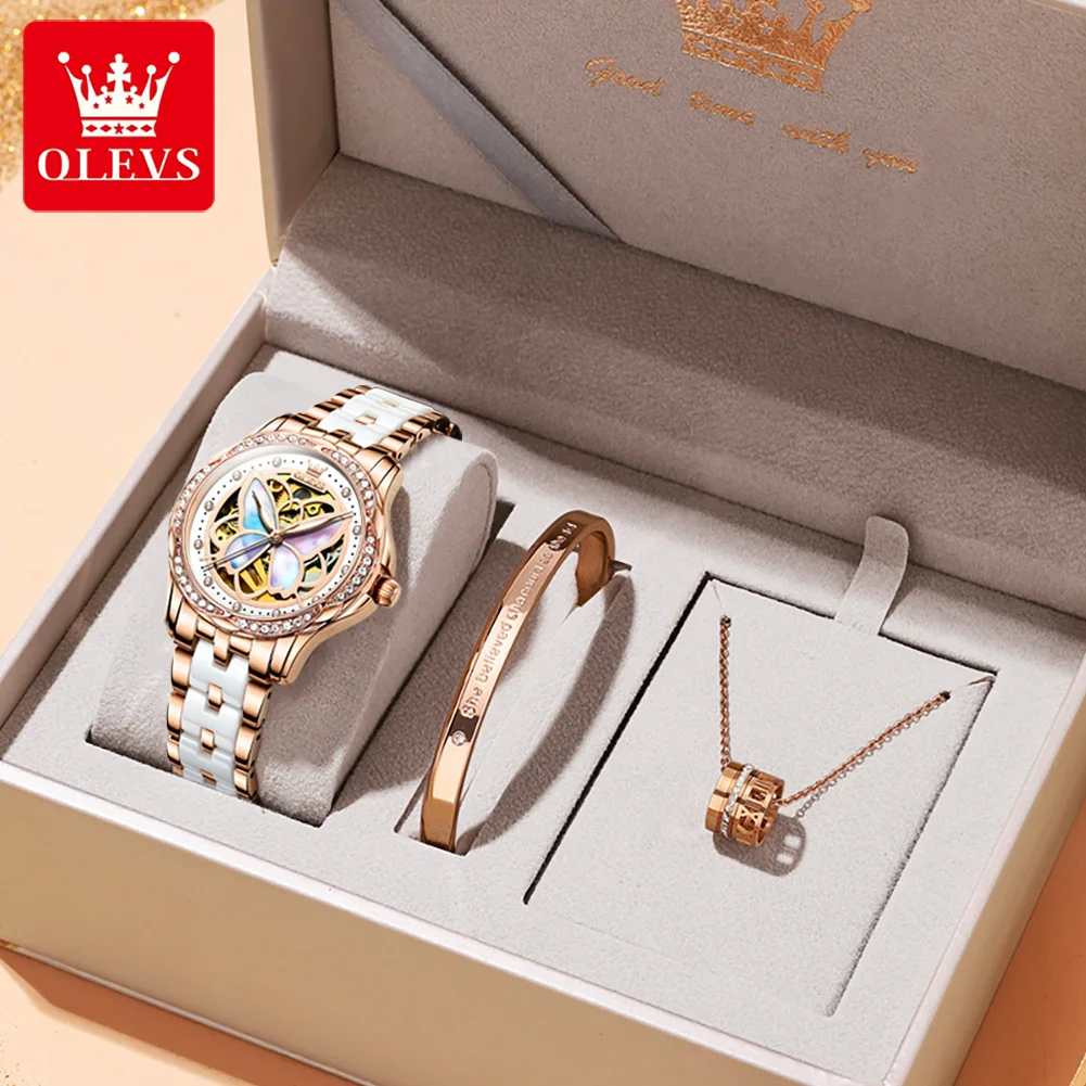 OLEVS mechaniczny zegarek dla kobiet ceramiczny z niebieskim paskiem oryginalny zegarek szkielet automatyczny diament eleganckie panie zegarki zestaw