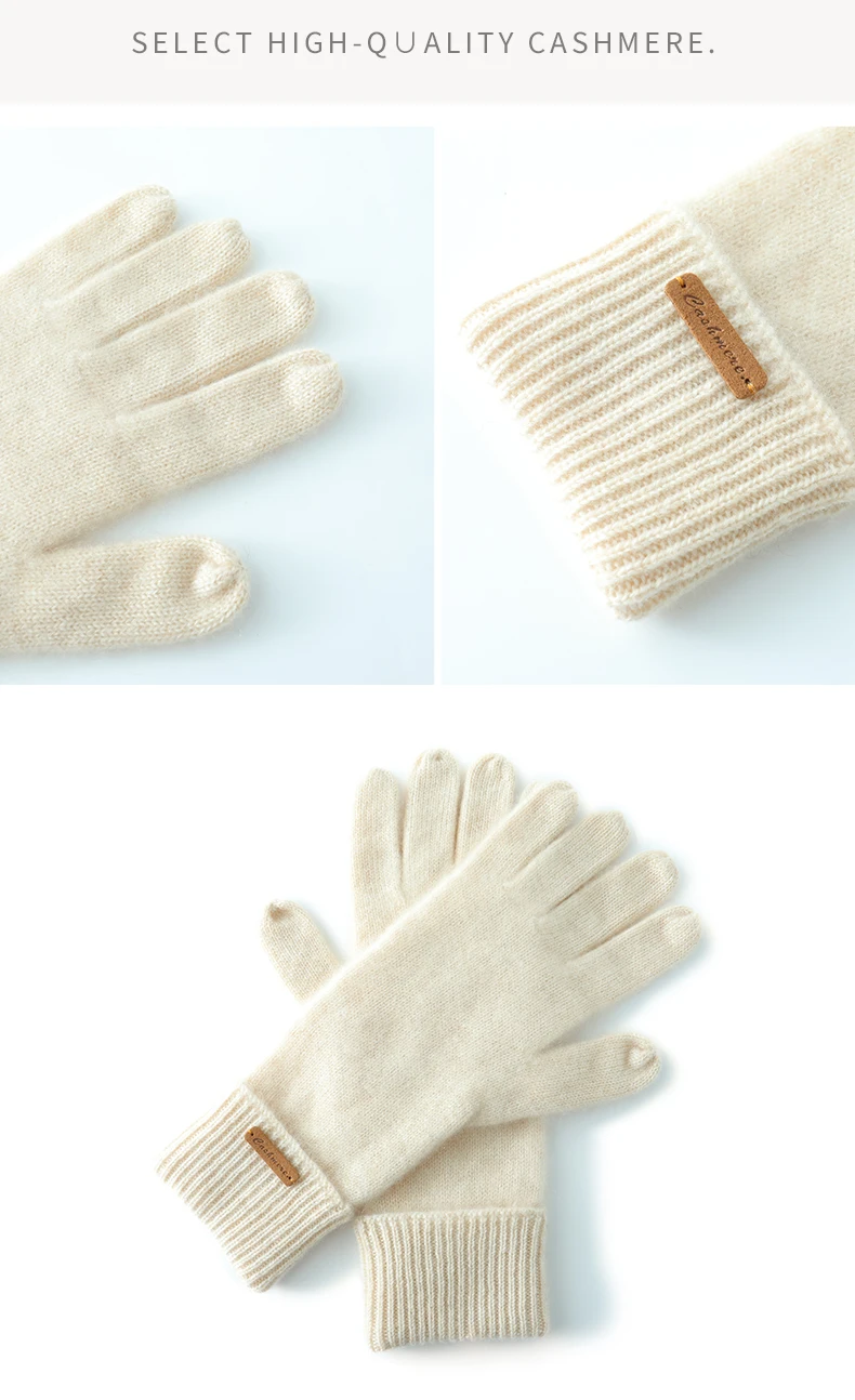 Winter High-Quality 100% Real Cashmere Touch Screen Gloves Women Soft Warm Stretch Knit Mittens Full Finger Guantes Female