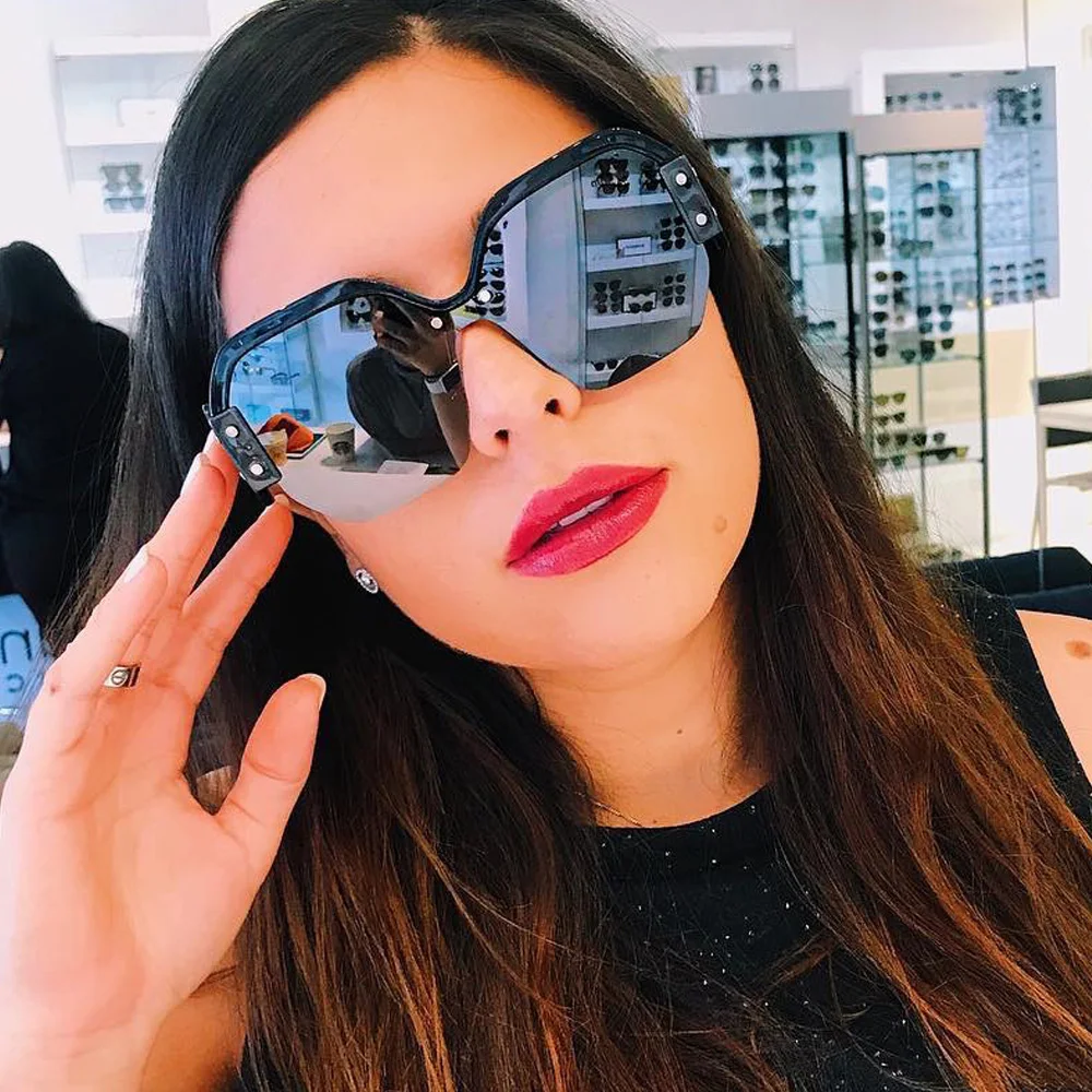 45341 Lady Trend Quadratische Halbrahmen-Sonnenbrille, große Größe, Cat-Eye-Nieten-Schutzbrille, Designer-Sonnenschutz mit Farbverlauf und Spiegel – Detail 18