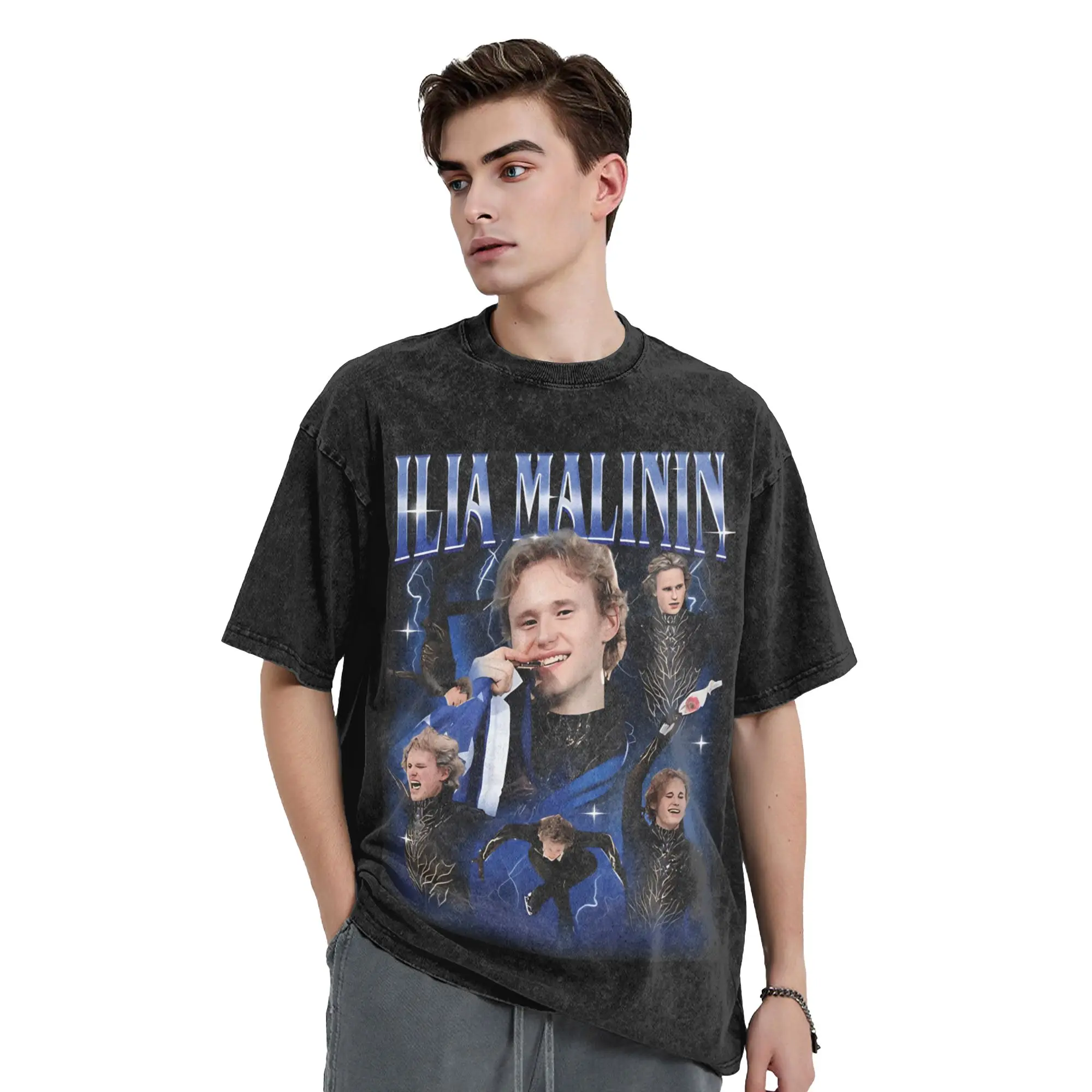 Quad Jump Ice Skating Ilia Malinin Washed T Shirt Streetwear Hip Hop Retro T-Shirt  Tee Shirt for Men Women Streetwear