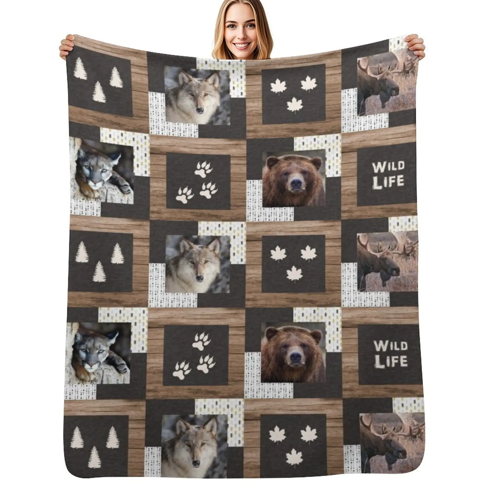 

North American Wildlife Patchwork Throw Blanket Luxury St christmas gifts Soft Plaid Moving Blankets