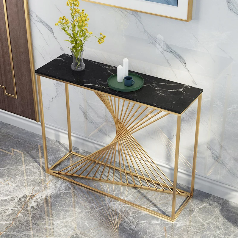 

Nordic golden marble entrance table with wall strips, light luxury and minimalist entrance table, corridor with iron art decorat