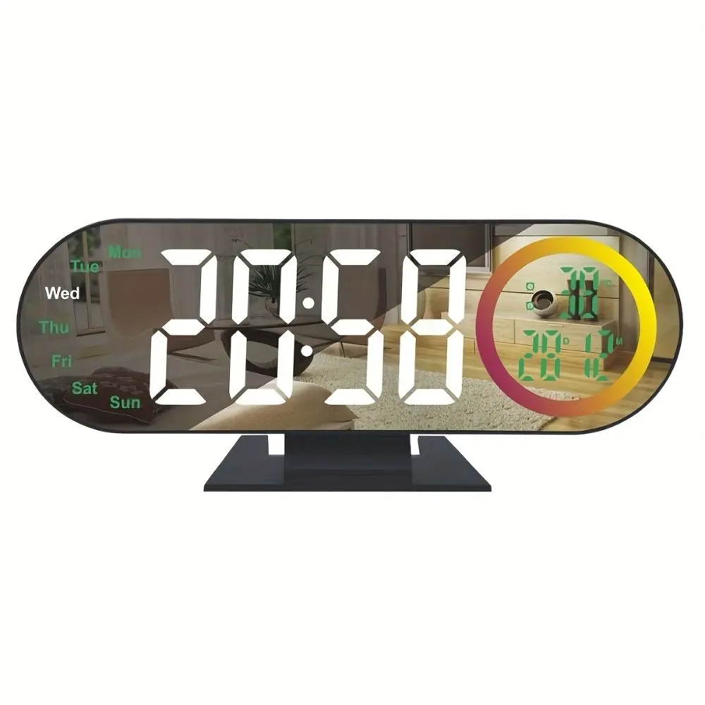 Brightness Adjustment Digital Alarm Clock 12/24H Format Voice Control LED Mirror Clock Date Week Temperature Display