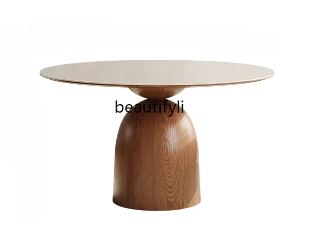 lt French Style Antique Solid Wood Dining Table round Band Turntable New Homehold Walnut Color Retro