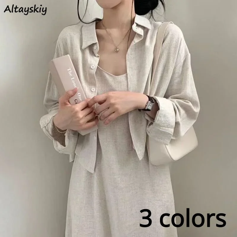 Cropped Jackets Dress Sets Women Elegant Spring Simple All-match Sun-proof Wide-waisted Outwear Lady Minimalist Vacation French