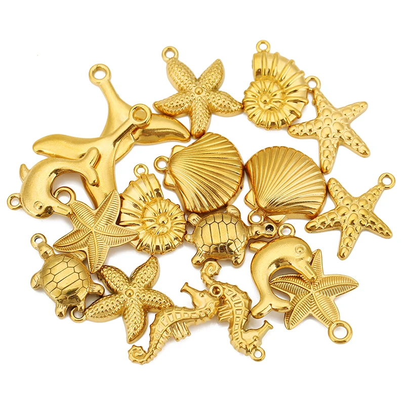 3pcs Stainless Steel Ocean Shell Conch Turtle Fishtail Dolphin Charm Pendant for DIY Earring Necklace Jewelry Making Supplies - Detail 1